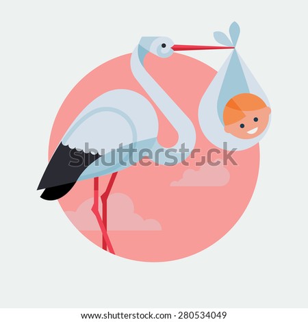 Lovely and simple vector geometric flat design round icon on childbirth with white stork holding smiling newborn baby