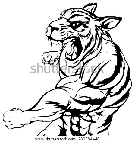 An illustration of a mean looking tiger animal sports mascot punching
