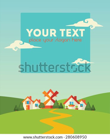 small village, vector background in cartoon style, with place for your text