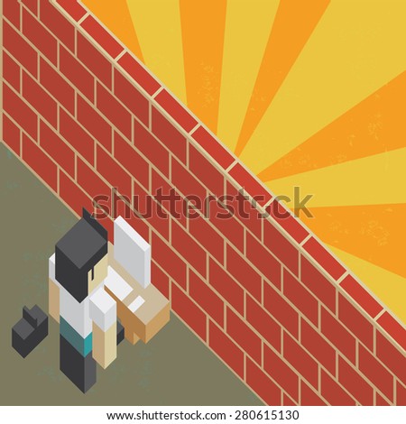 Illustration of the concept of a worker insulated by a brick wall, in isometric old video game style. The grunge texture is removable from the background. 