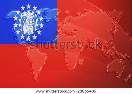 Flag of Myanmar, national country symbol illustration with world map, metallic embossed look