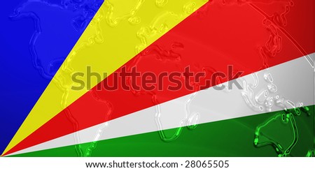 Flag of Seychelles, national country symbol illustration with world map, metallic embossed look