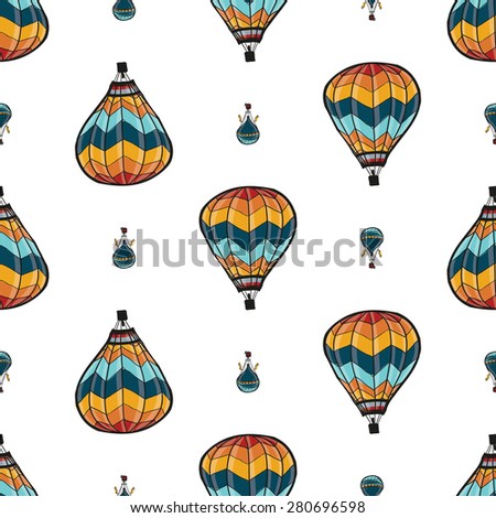 Funny cute hand drawn kids toy aeronautic transport. Baby bright cartoon aerostat and balloon vector seamless pattern on white background. Set of isolated elements. Chess grid order