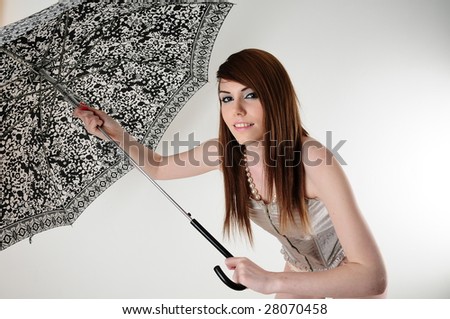 female model holding an umbrella that she has just opened.