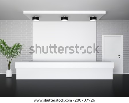Reception interior with palm tree front desk and white door vector illustration Royalty-Free Stock Photo #280707926