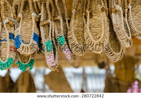 Sandals made by hand, using sisal at Namsangol Hanok Village, Seoul, South Korea. Royalty-Free Stock Photo #280722842