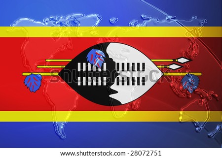 Flag of Swaziland, national country symbol illustration with world map, metallic embossed look