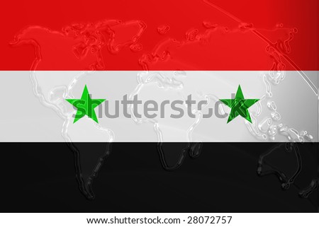 Flag of Syria, national country symbol illustration with world map, metallic embossed look