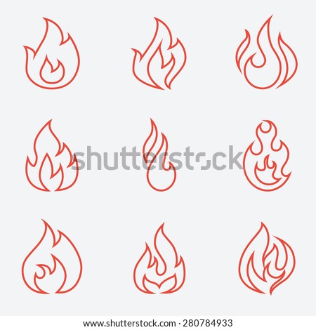 Fire icons set, thin line style, flat design