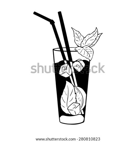 Vector Cocktail Mojito with Mint Leaves and Straws. Black and White Illustration.