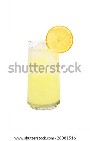 Glass of fresh made lemonade with sliced fruit isolated on a white background.
