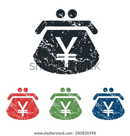 Colored grunge icon set with purse with yen symbol, isolated on white