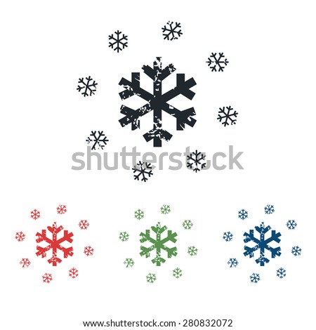 Colored grunge icon set with big snowflake surrounded by smaller ones, isolated on white