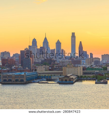 Panorama of Philadelphia skyline, Ben Franklin Bridge and Penn's Landing sunset 
