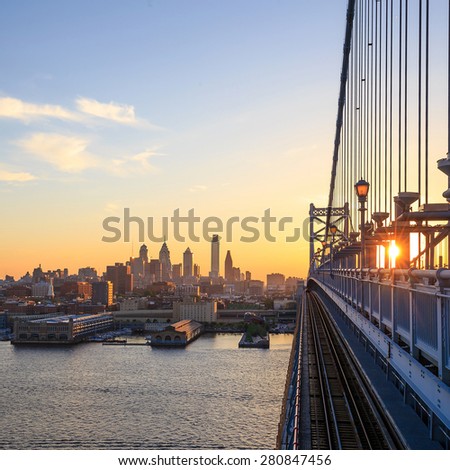 Panorama of Philadelphia skyline, Ben Franklin Bridge and Penn's Landing sunset 