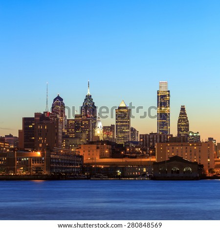 Panorama of Philadelphia skyline at sunset 