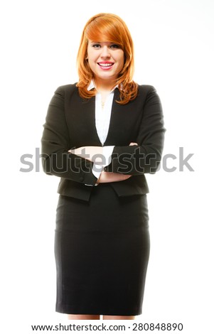 Portrait of beauty redhair smiling business woman or student girl standing with crossed arms. Isolated on white background