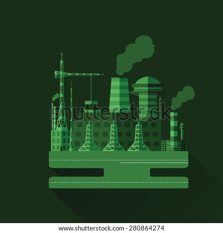 Green monochrome illustration of an industrial factory with the long shadow in flat design style.