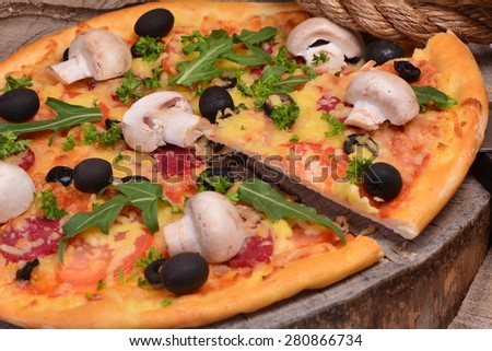 Tasty tomatoes pizza olives and mushrooms