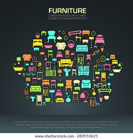 Flat infographic home appliance furniture icon template banner layout design background in a sofa shape for website or brochure with sample text, create by vector Royalty-Free Stock Photo #280910621