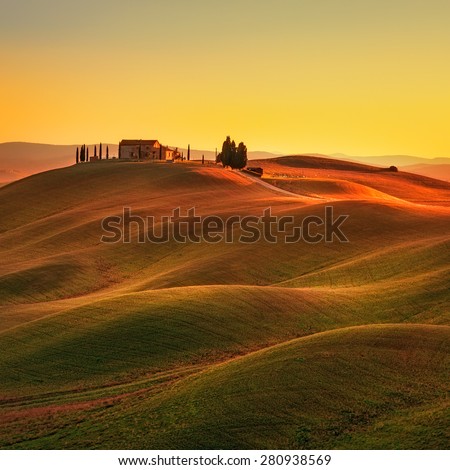 Tuscany, rural landscape in Crete Senesi land. Rolling hills, countryside farm, cypresses trees, green field on warm sunset. Siena, Italy, Europe. Royalty-Free Stock Photo #280938569