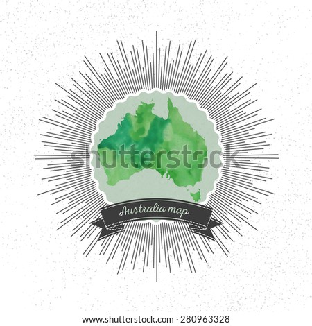 Australia map with vintage style star burst, green watercolor background, retro element for your design.