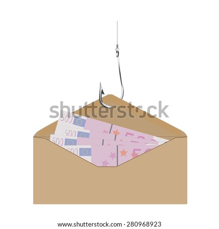 Brown, open envelope with money euro hanging on fishing hook vector illustration. Money concept