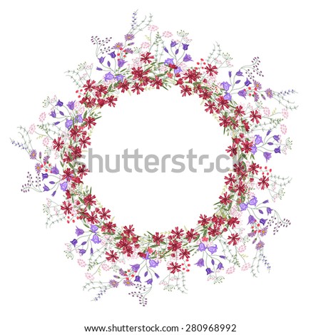 Detailed contour wreath with bluebells, carnations and wild flowers isolated on white. Round frame for your design, greeting cards, announcements, posters. 