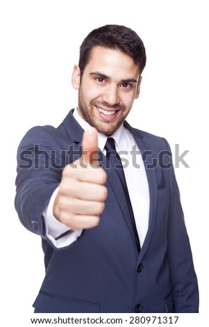 Happy smiling businessman with thumb up, isolated on white background
