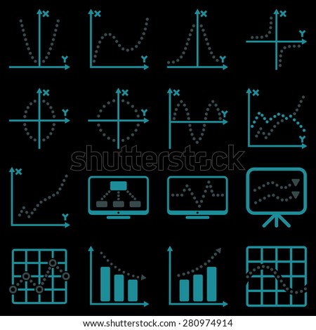 Dotted vector infographic business icons on a black background. This bicolor vector icon set uses cyan and gray colors. 