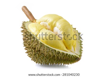 yellow durian in side Mon Thong durian fruit on white background Royalty-Free Stock Photo #281040230