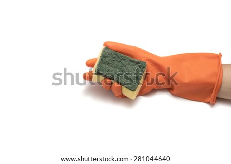 hand in cleaning glove and sponge isolated on white background