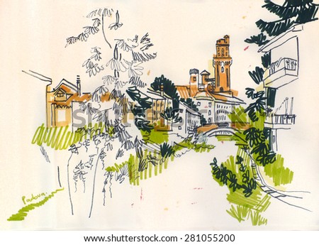 View of a river in Padua, Veneto, Italy. Illustration of a belfry, houses, trees, grass. Freehand artistic drawing. Colorful quick travel sketch