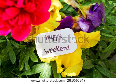 Banner with happy weekend and blossoms. 