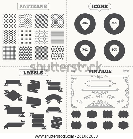 Seamless patterns. Sale tags labels. Sale pointer tag icons. Discount special offer symbols. 30%, 50%, 70% and 90% percent discount signs. Vintage decoration. Vector
