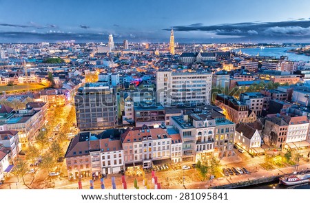 Antwerp, Belgium. Aerial city view at night. Royalty-Free Stock Photo #281095841
