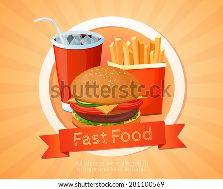 Fast food, American, hamburger, potato bar, signboard, restaurant,  logo, mascot