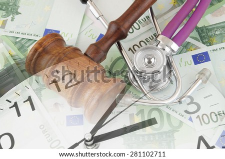 Gavel and stethoscope on money background, collage with clock