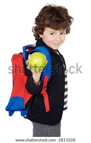 adorable boy student with knapsack and apple a over white background