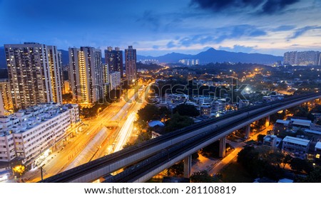 Long Ping, hong kong urban downtown and high speed train at night