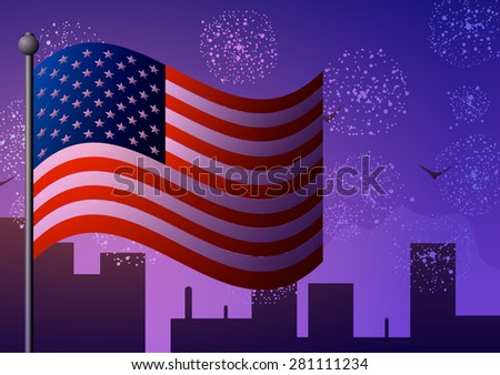 Vector illustration. American flag on the background of the city at night and fireworks.