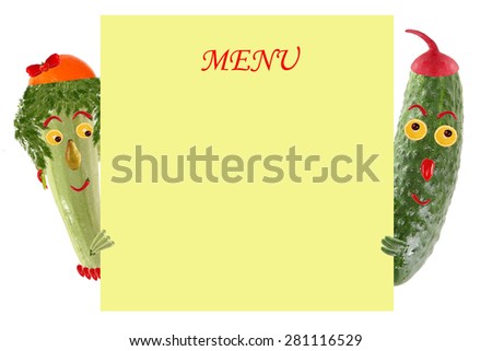 Creative food concept. Funny little zucchini and cucumber look  and smile with sample text.