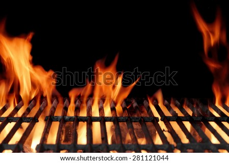 Empty Hot Charcoal Barbecue Grill With Bright Flame On The Black Background