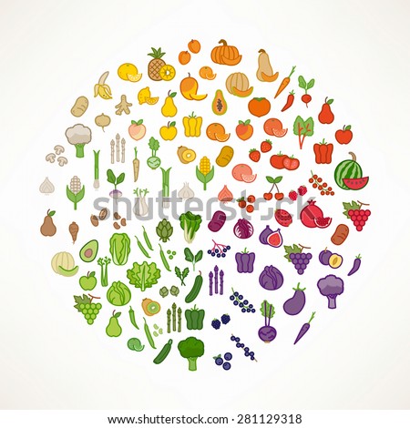 Fruit and vegetables color wheel with food icons, nutrition and healthy eating concept