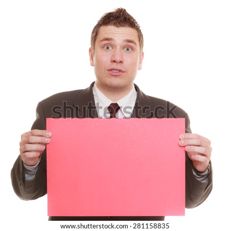 Nerdy business man or goofy student guy holding sign red blank copy space for text. Funny facial expression. isolated on white background