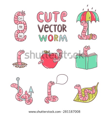 Cute funny hand drawn vector worm illustration. With umbrella, apple, book, hook, leaf, speech bubble.