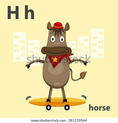 H abc alphabet with horse riding a skateboard Illustration, vector