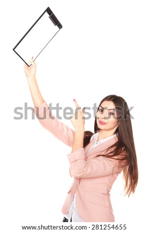 Happy young businesswoman holding blank paper on clipboard on white background