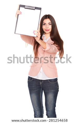 Happy young businesswoman holding blank paper on clipboard on white background