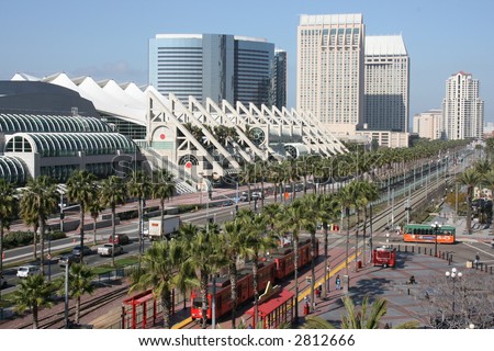 Downtown San Diego's Harbour Drive, including the convention center and trolley.
